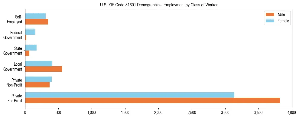 Horizontal bar chart showing employment distribution by class of worker and gender in US ZIP Code 81601, based on 2023 ACS data.