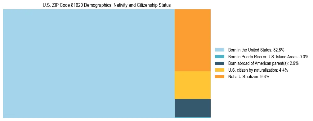Treemap showing the population distribution by nativity and citizenship status in US ZIP Code 81620 based on U.S. Census data.