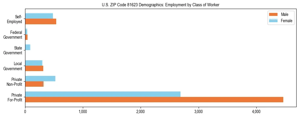 Horizontal bar chart showing employment distribution by class of worker and gender in US ZIP Code 81623, based on 2023 ACS data.