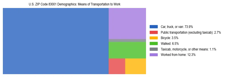 Treemap showing means of transportation to work distribution in US ZIP Code 83001.