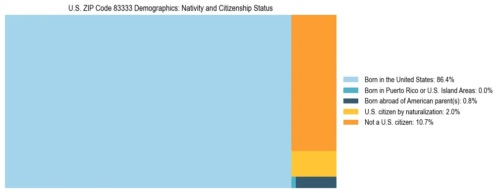 Treemap showing the population distribution by nativity and citizenship status in US ZIP Code 83333 based on U.S. Census data.
