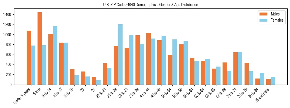 Bar chart showing the population distribution of US ZIP Code 84040 by age group and gender, based on 2023 ACS data.