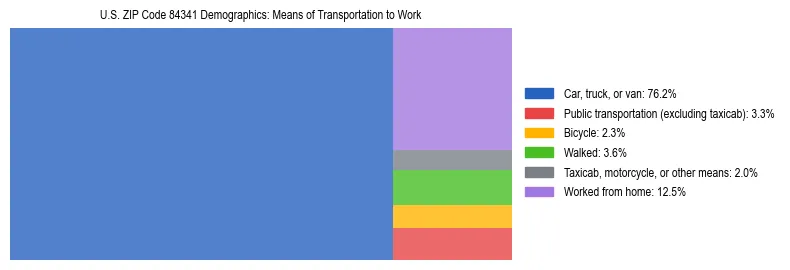 Treemap showing means of transportation to work distribution in US ZIP Code 84341.