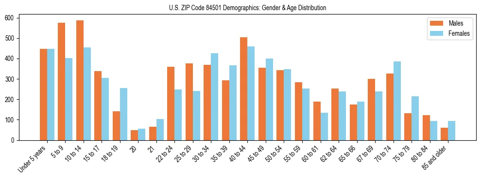 Bar chart showing the population distribution of US ZIP Code 84501 by age group and gender, based on 2023 ACS data.