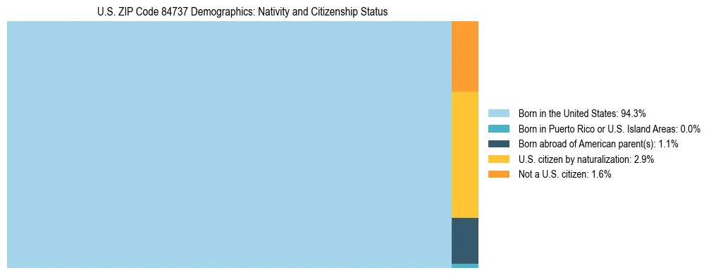 Treemap showing the population distribution by nativity and citizenship status in US ZIP Code 84737 based on U.S. Census data.