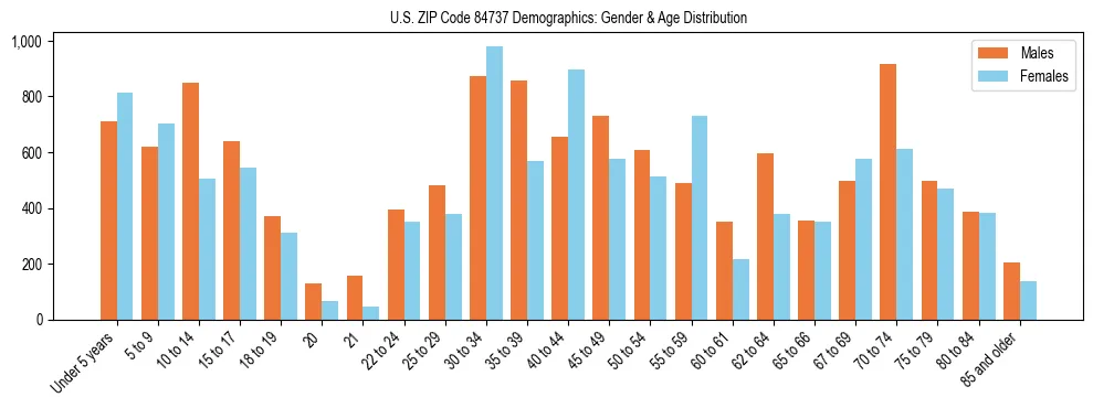 Bar chart showing the population distribution of US ZIP Code 84737 by age group and gender, based on 2023 ACS data.