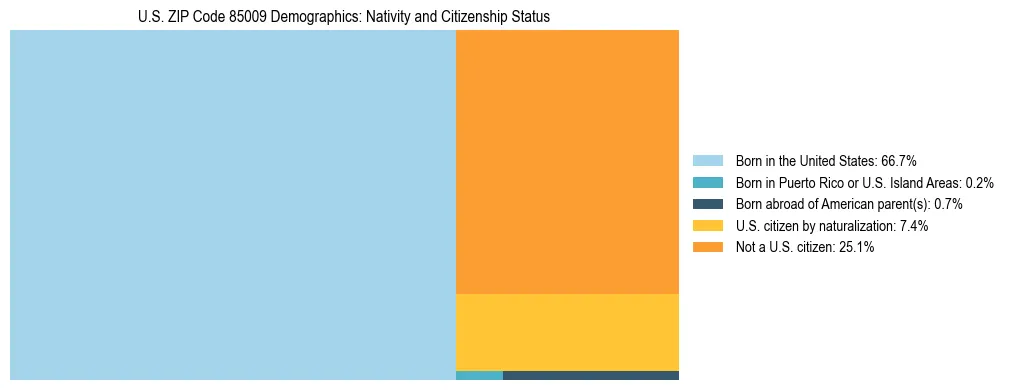 Treemap showing the population distribution by nativity and citizenship status in US ZIP Code 85009 based on U.S. Census data.