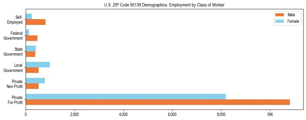 Horizontal bar chart showing employment distribution by class of worker and gender in US ZIP Code 85138, based on 2023 ACS data.