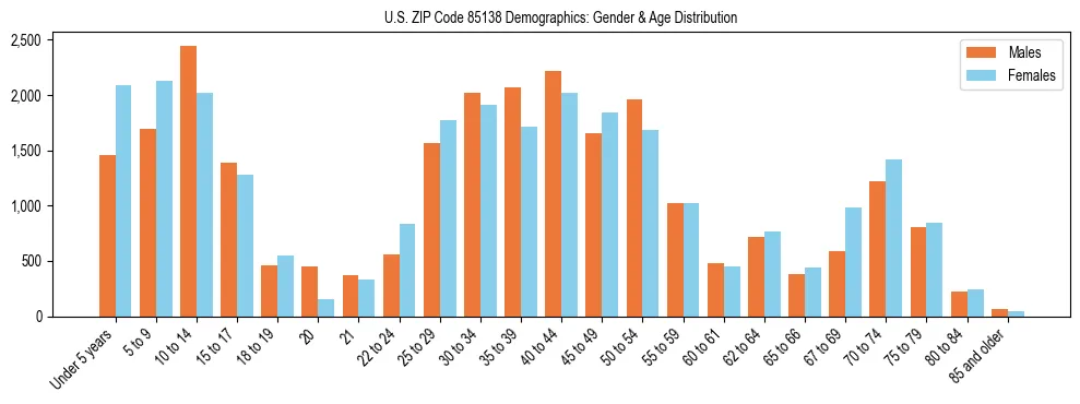 Bar chart showing the population distribution of US ZIP Code 85138 by age group and gender, based on 2023 ACS data.