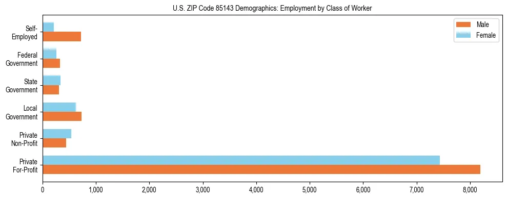 Horizontal bar chart showing employment distribution by class of worker and gender in US ZIP Code 85143, based on 2023 ACS data.