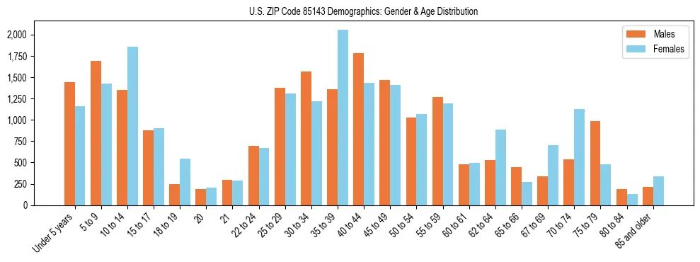 Bar chart showing the population distribution of US ZIP Code 85143 by age group and gender, based on 2023 ACS data.