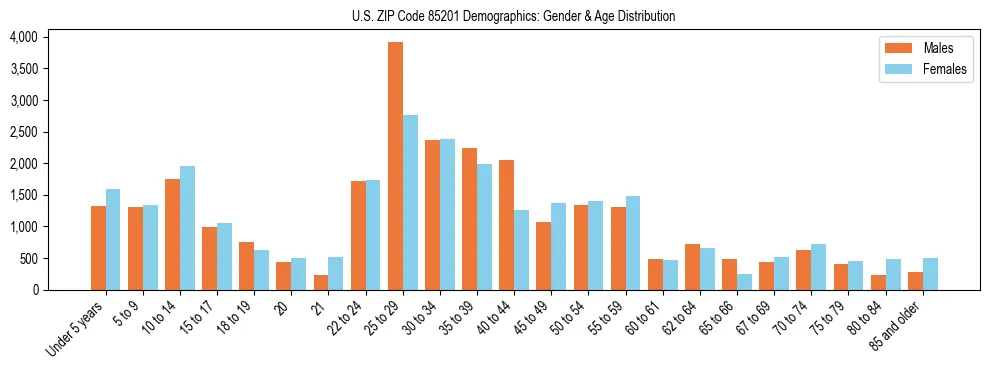 Bar chart showing the population distribution of US ZIP Code 85201 by age group and gender, based on 2023 ACS data.