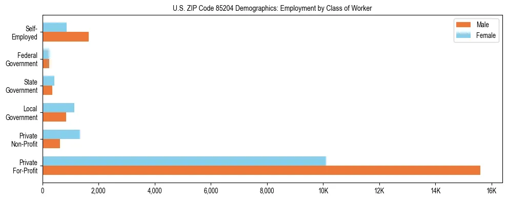 Horizontal bar chart showing employment distribution by class of worker and gender in US ZIP Code 85204, based on 2023 ACS data.