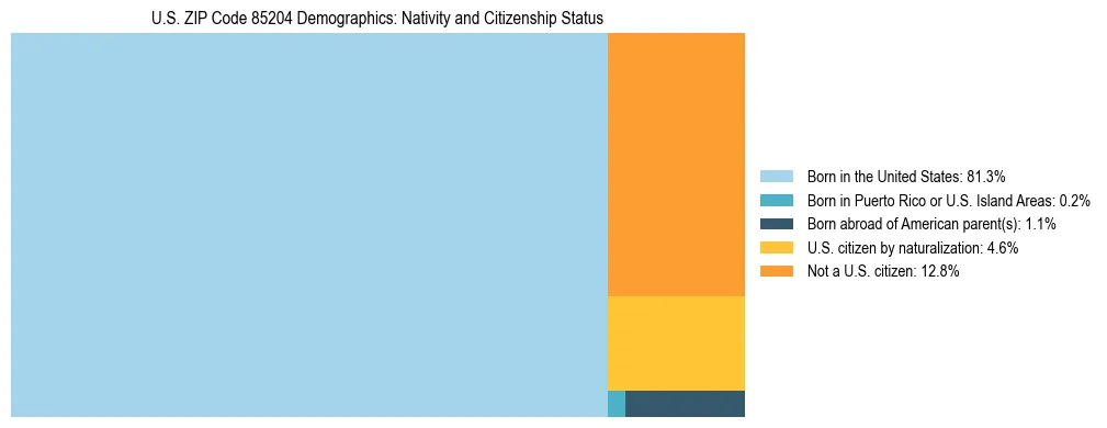 Treemap showing the population distribution by nativity and citizenship status in US ZIP Code 85204 based on U.S. Census data.