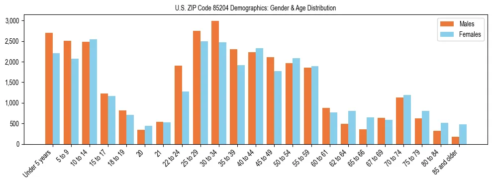 Bar chart showing the population distribution of US ZIP Code 85204 by age group and gender, based on 2023 ACS data.