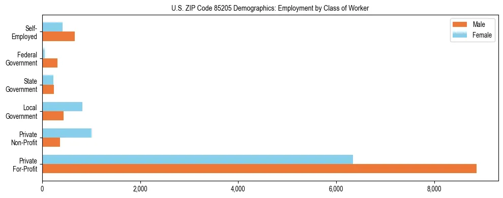 Horizontal bar chart showing employment distribution by class of worker and gender in US ZIP Code 85205, based on 2023 ACS data.