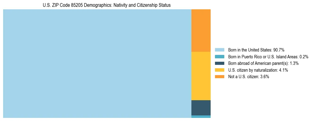 Treemap showing the population distribution by nativity and citizenship status in US ZIP Code 85205 based on U.S. Census data.