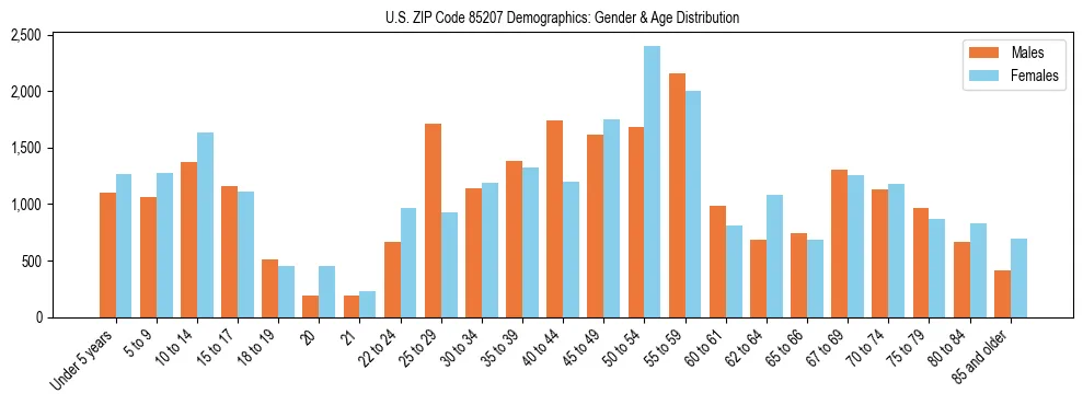 Bar chart showing the population distribution of US ZIP Code 85207 by age group and gender, based on 2023 ACS data.
