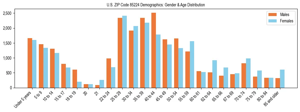 Bar chart showing the population distribution of US ZIP Code 85224 by age group and gender, based on 2023 ACS data.