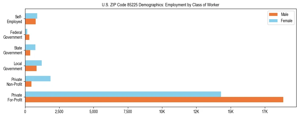 Horizontal bar chart showing employment distribution by class of worker and gender in US ZIP Code 85225, based on 2023 ACS data.