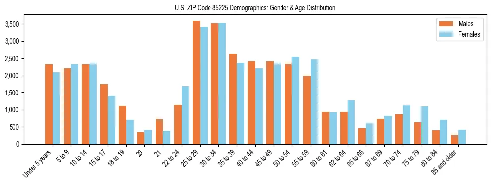 Bar chart showing the population distribution of US ZIP Code 85225 by age group and gender, based on 2023 ACS data.