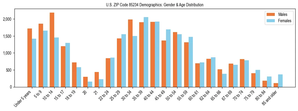 Bar chart showing the population distribution of US ZIP Code 85234 by age group and gender, based on 2023 ACS data.