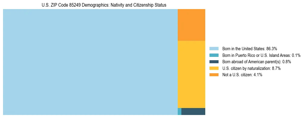 Treemap showing the population distribution by nativity and citizenship status in US ZIP Code 85249 based on U.S. Census data.