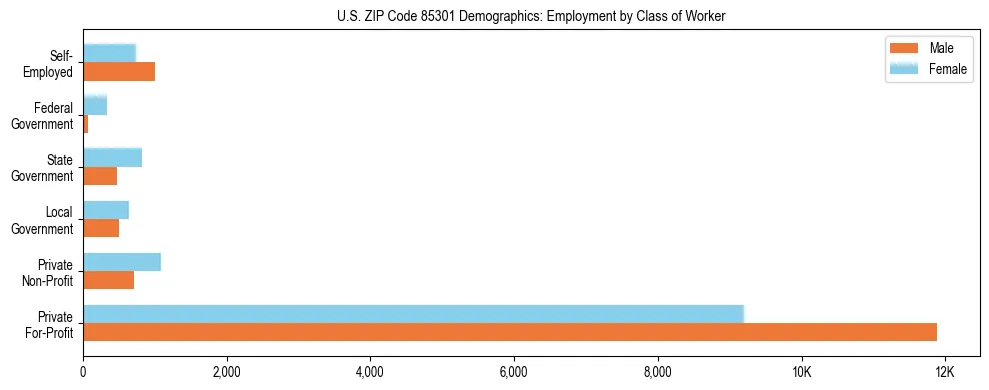 Horizontal bar chart showing employment distribution by class of worker and gender in US ZIP Code 85301, based on 2023 ACS data.