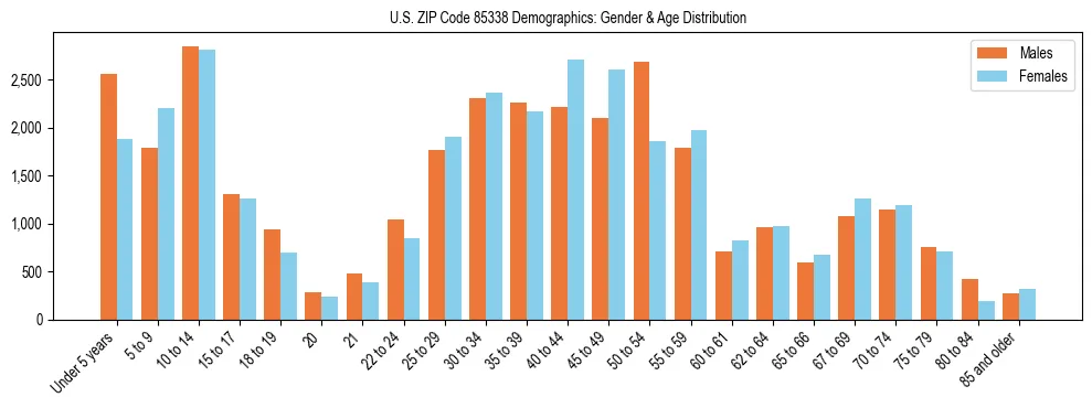 Bar chart showing the population distribution of US ZIP Code 85338 by age group and gender, based on 2023 ACS data.
