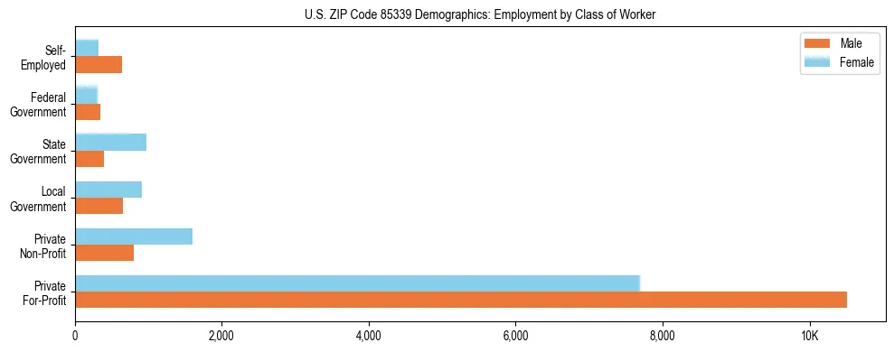 Horizontal bar chart showing employment distribution by class of worker and gender in US ZIP Code 85339, based on 2023 ACS data.