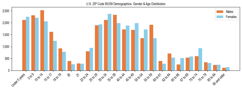 Bar chart showing the population distribution of US ZIP Code 85339 by age group and gender, based on 2023 ACS data.