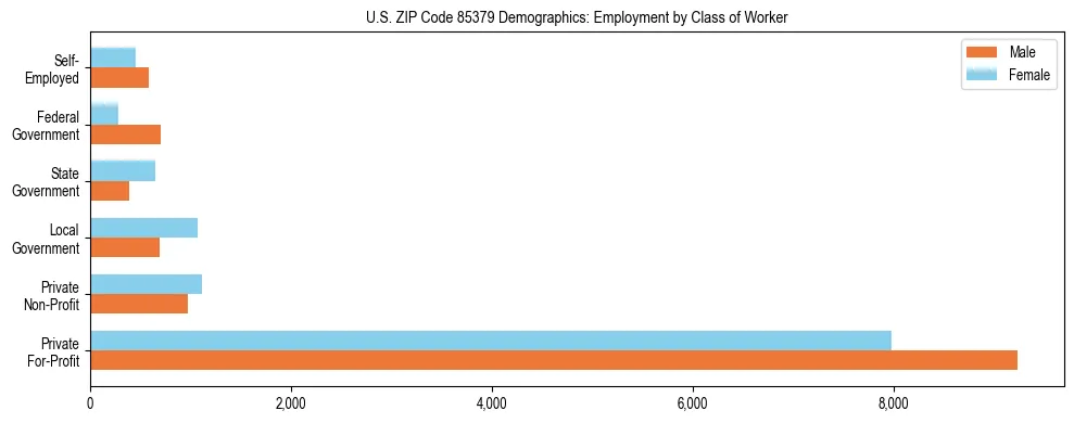 Horizontal bar chart showing employment distribution by class of worker and gender in US ZIP Code 85379, based on 2023 ACS data.