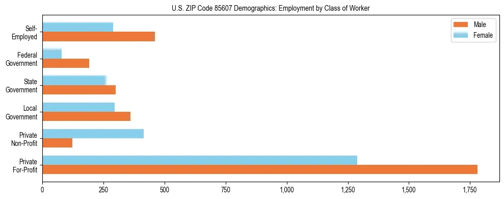 Horizontal bar chart showing employment distribution by class of worker and gender in US ZIP Code 85607, based on 2023 ACS data.