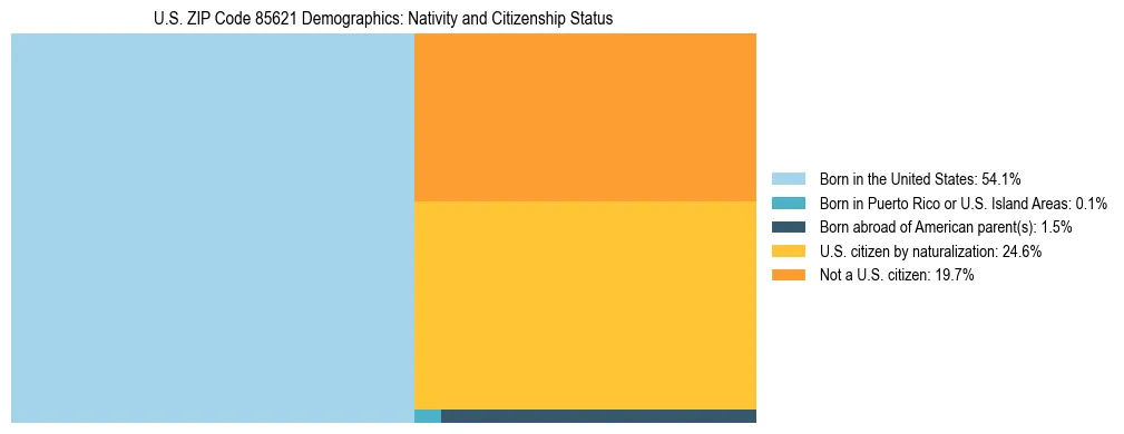 Treemap showing the population distribution by nativity and citizenship status in US ZIP Code 85621 based on U.S. Census data.