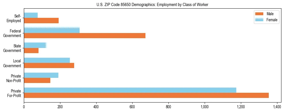 Horizontal bar chart showing employment distribution by class of worker and gender in US ZIP Code 85650, based on 2023 ACS data.