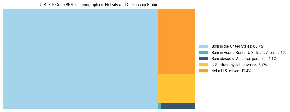 Treemap showing the population distribution by nativity and citizenship status in US ZIP Code 85705 based on U.S. Census data.