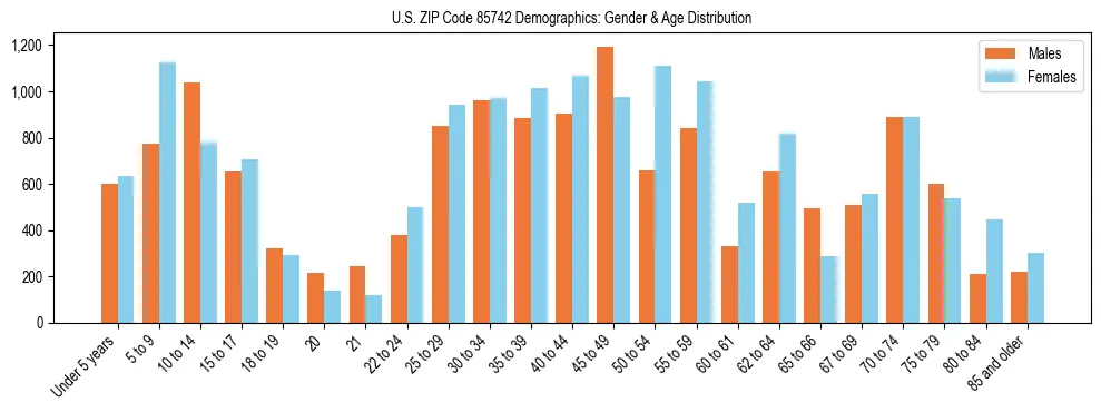 Bar chart showing the population distribution of US ZIP Code 85742 by age group and gender, based on 2023 ACS data.