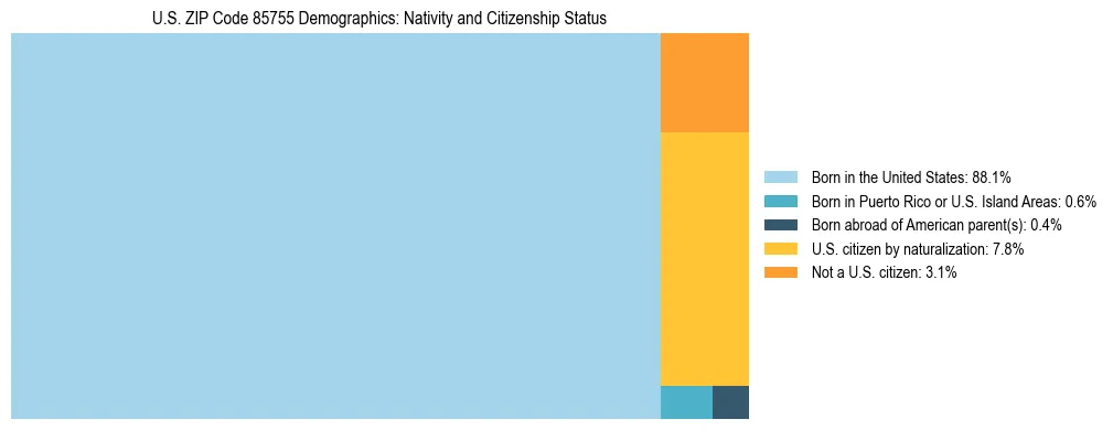 Treemap showing the population distribution by nativity and citizenship status in US ZIP Code 85755 based on U.S. Census data.