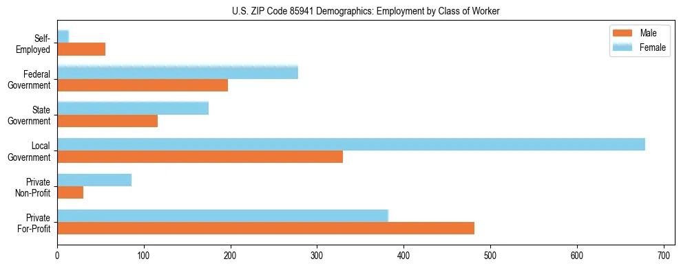 Horizontal bar chart showing employment distribution by class of worker and gender in US ZIP Code 85941, based on 2023 ACS data.