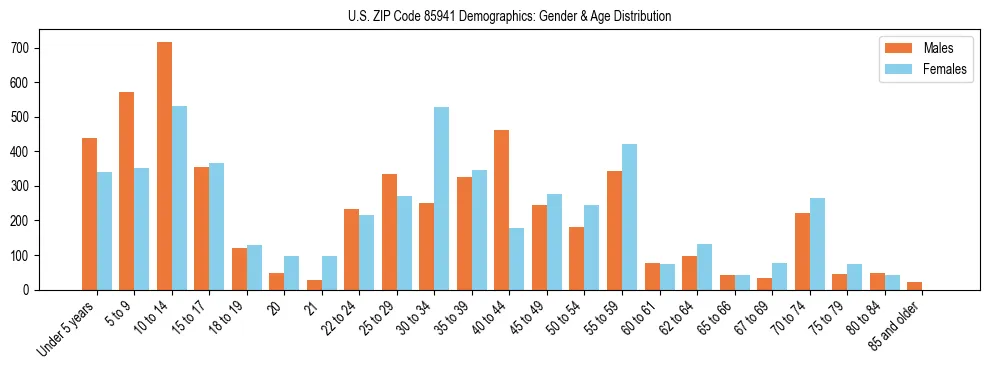 Bar chart showing the population distribution of US ZIP Code 85941 by age group and gender, based on 2023 ACS data.
