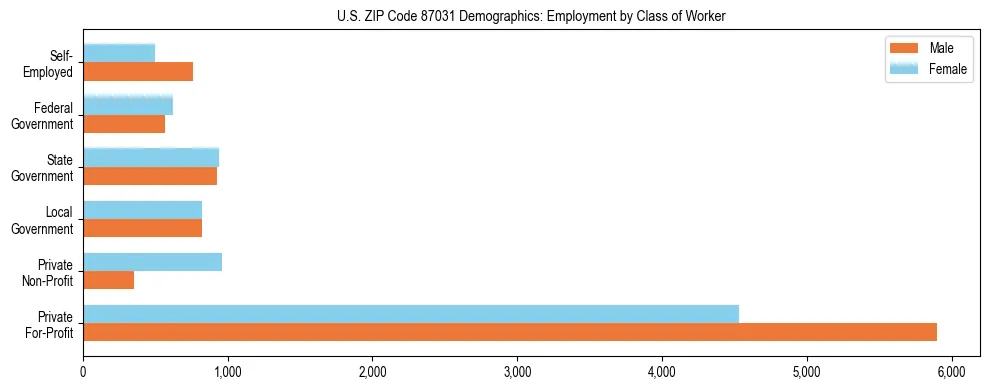 Horizontal bar chart showing employment distribution by class of worker and gender in US ZIP Code 87031, based on 2023 ACS data.