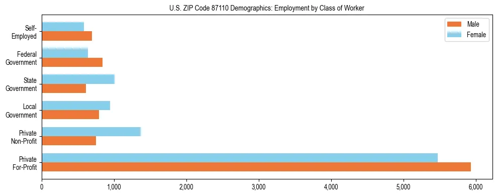 Horizontal bar chart showing employment distribution by class of worker and gender in US ZIP Code 87110, based on 2023 ACS data.