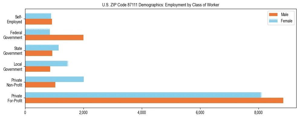 Horizontal bar chart showing employment distribution by class of worker and gender in US ZIP Code 87111, based on 2023 ACS data.