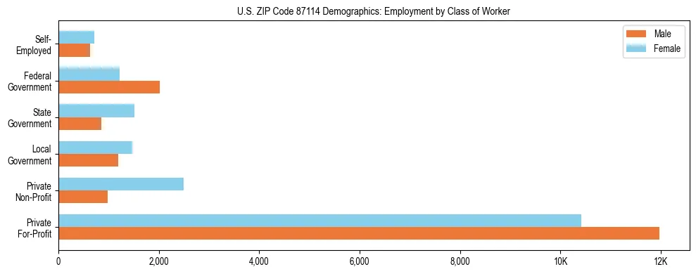 Horizontal bar chart showing employment distribution by class of worker and gender in US ZIP Code 87114, based on 2023 ACS data.