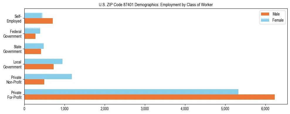 Horizontal bar chart showing employment distribution by class of worker and gender in US ZIP Code 87401, based on 2023 ACS data.