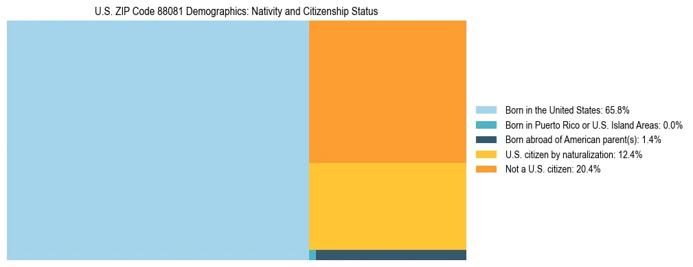 Treemap showing the population distribution by nativity and citizenship status in US ZIP Code 88081 based on U.S. Census data.