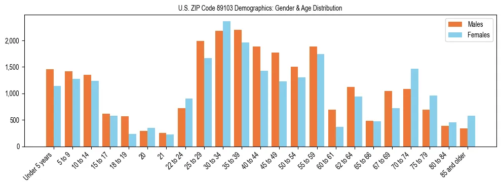 Bar chart showing the population distribution of US ZIP Code 89103 by age group and gender, based on 2023 ACS data.