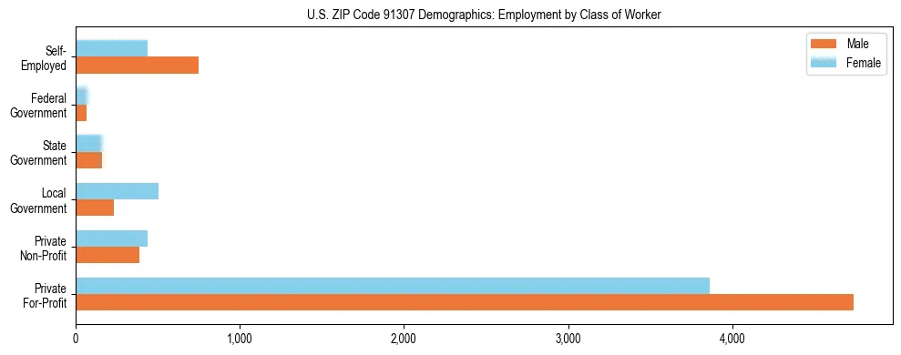 Horizontal bar chart showing employment distribution by class of worker and gender in US ZIP Code 91307, based on 2023 ACS data.