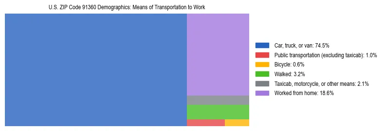 Treemap showing means of transportation to work distribution in US ZIP Code 91360.