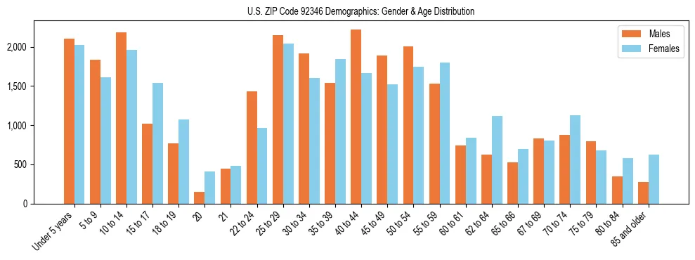Bar chart showing the population distribution of US ZIP Code 92346 by age group and gender, based on 2023 ACS data.
